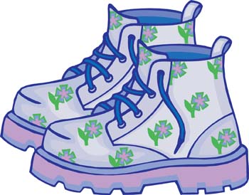 White floral-patterned ankle boots with blue laces, purple soles, and green-pink flower motifs.