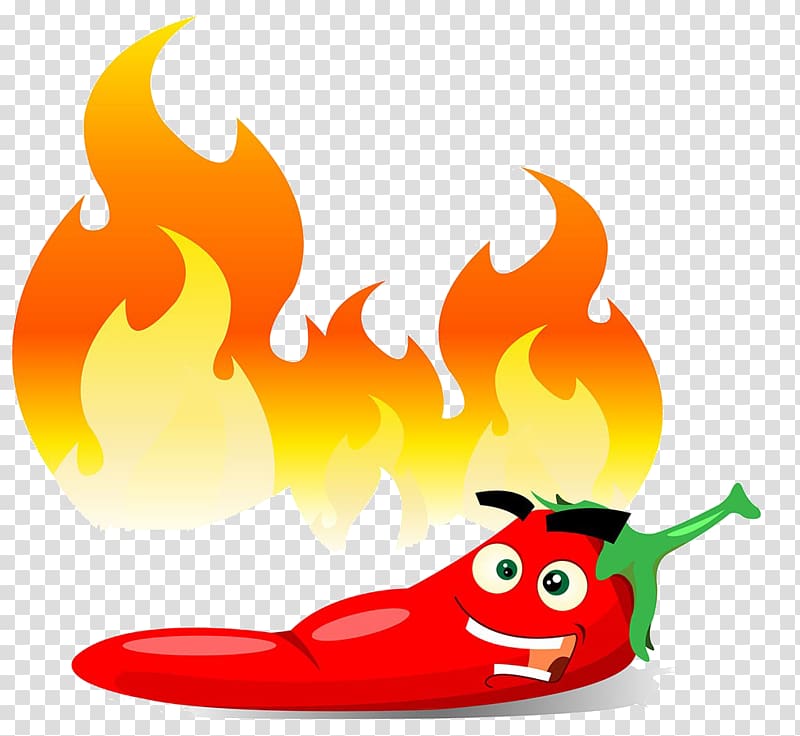Smiling cartoon red chili pepper with green stem and large flames behind it, symbolizing spiciness and heat.