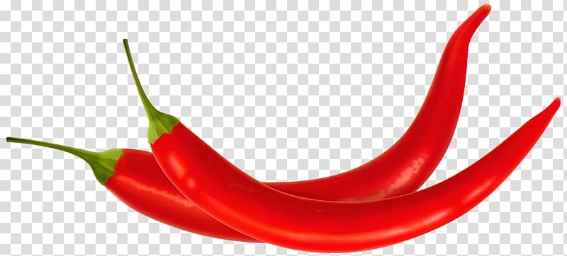 Two vibrant red chili peppers with green stems, curved and glossy, isolated on transparent background.