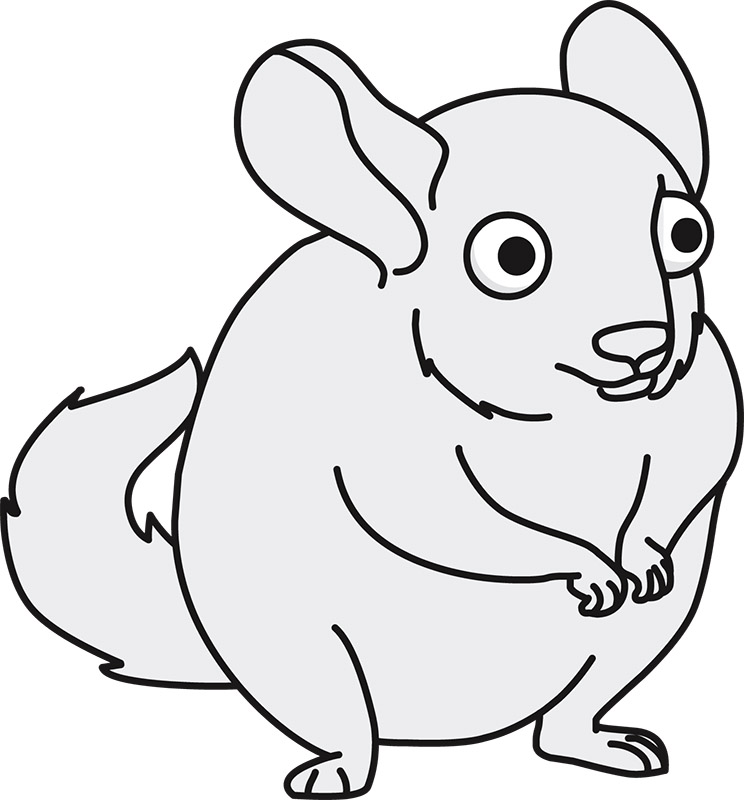 Cute cartoon chinchilla with large eyes, rounded body, and fluffy tail, standing upright in black-and-white line art style.