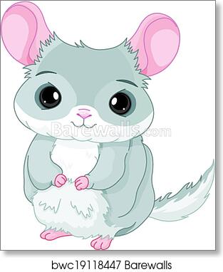 Cute cartoon chinchilla with large pink ears, gray fur, and expressive eyes, sitting upright on white background.