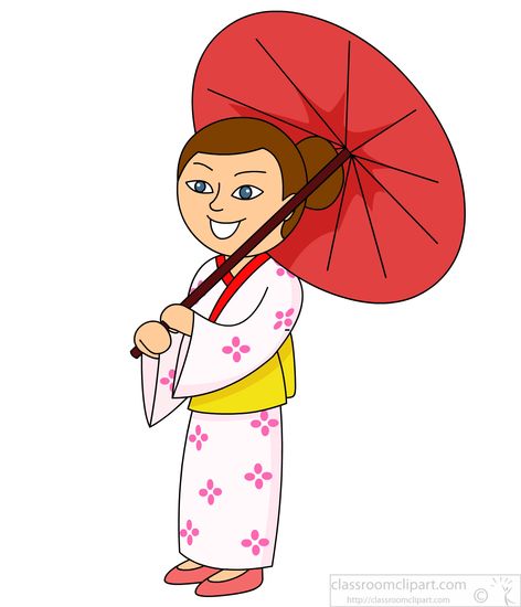 Smiling girl in traditional Japanese kimono holding a red paper umbrella.