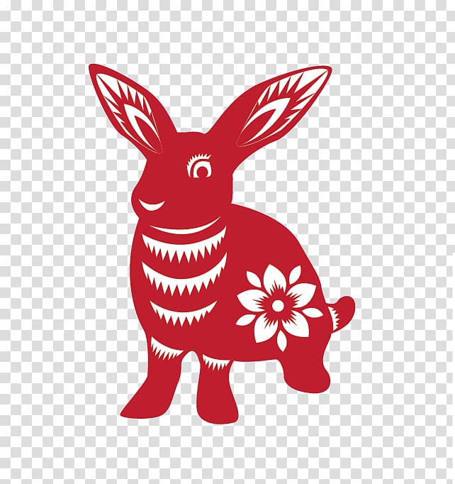 Red paper-cut rabbit with floral pattern and decorative ears, traditional Chinese folk art style.