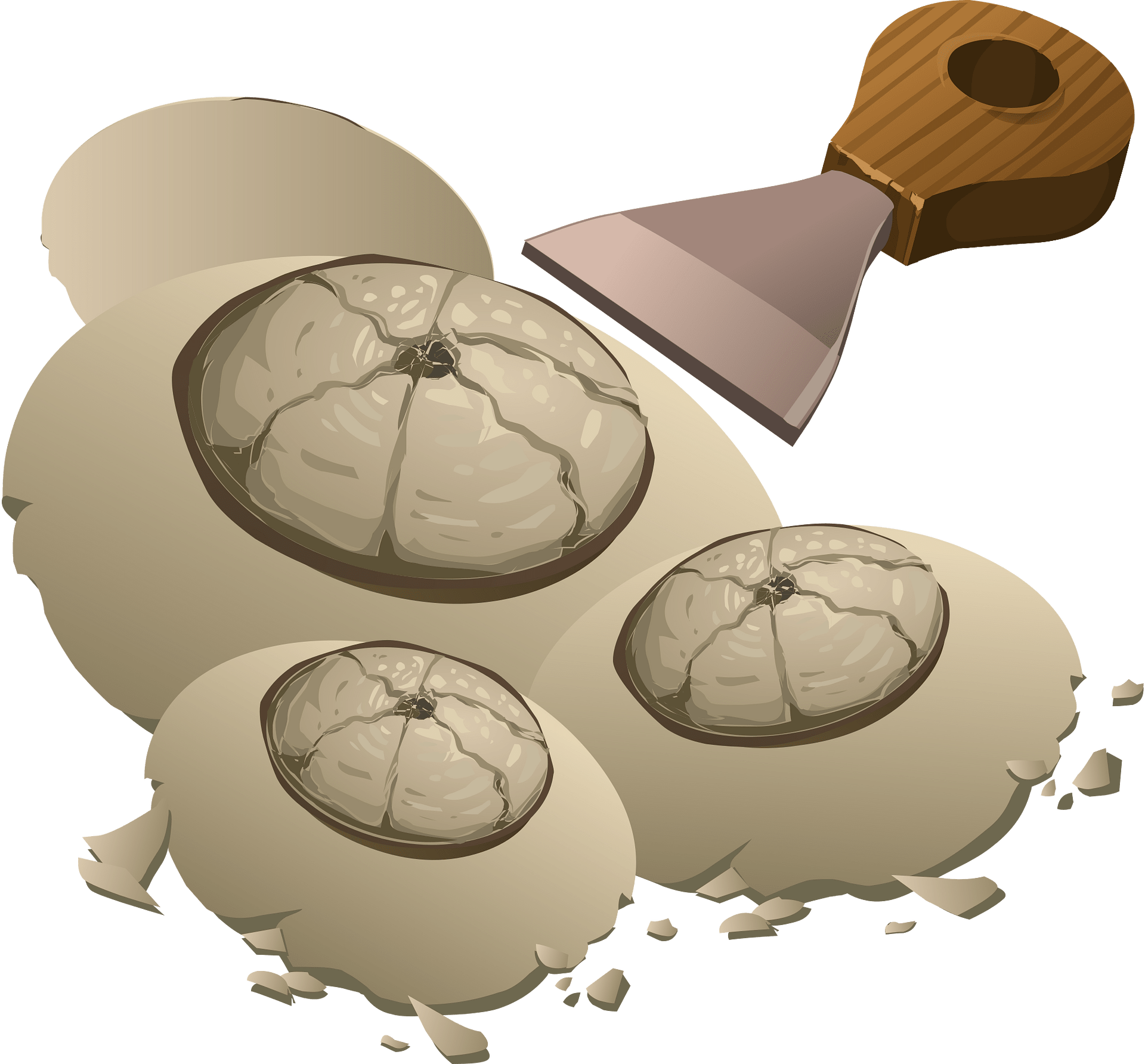 Three cracked eggs with visible yolks and a wooden-handled spatula on a green background.