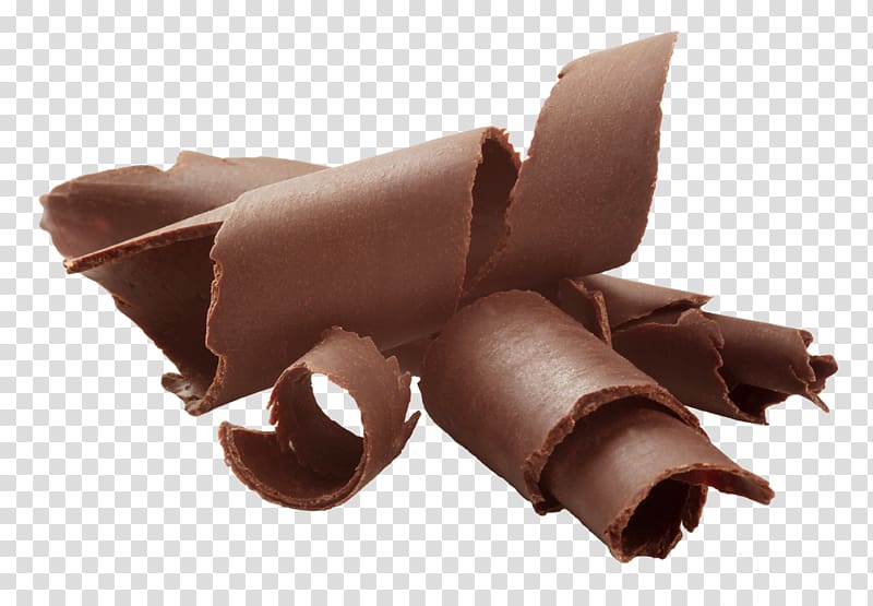 Rich, glossy chocolate curls arranged in a tempting pile on transparent background.
