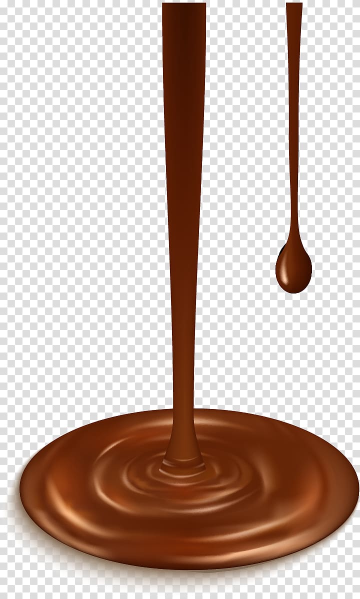 Rich, glossy chocolate pouring into a pool with ripples and a droplet mid-fall on transparent background.