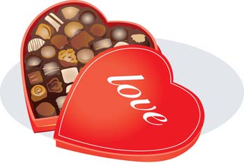 Open red heart-shaped box filled with assorted chocolates, lid inscribed "love" in white script.