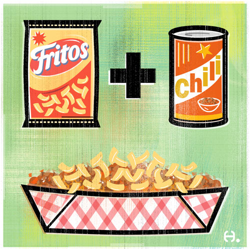 Fritos bag plus chili can equals a bowl of Fritos Chili Pie with red-and-white checkered paper liner.