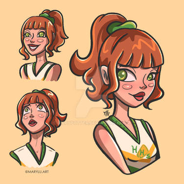 Four expressive cartoon portraits of a red-haired girl in a green-and-white cheerleading uniform with ponytail and green eyes.