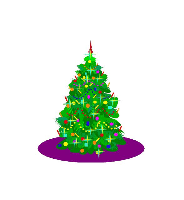 Brightly decorated green Christmas tree with colorful ornaments, lights, and a red star topper on a purple base.