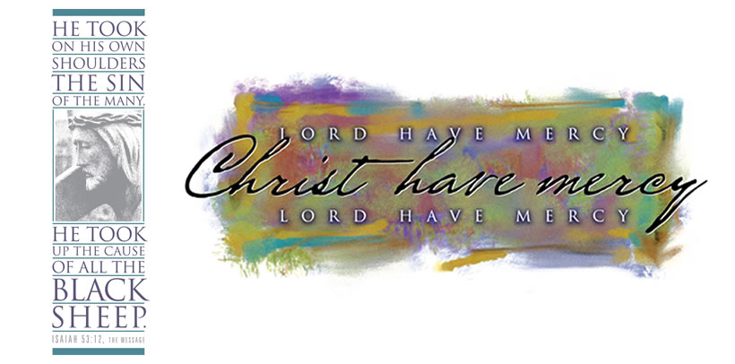 A devotional graphic featuring Isaiah 53:12 text and a watercolor "Christ have mercy" prayer with a portrait of Jesus bearing a crown of thorns.