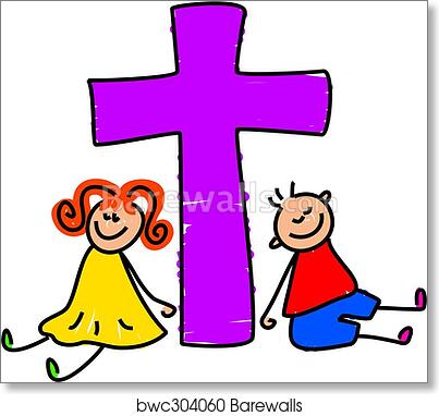 Children and the Cross - Christian Faith Illustration for Kids