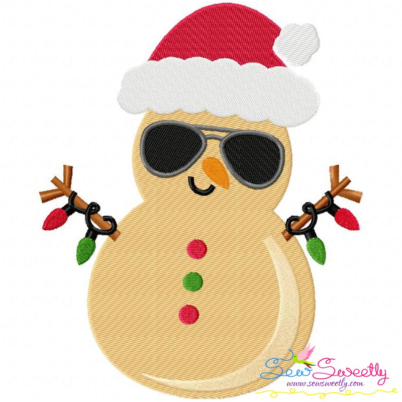 Cool snowman wearing sunglasses and Santa hat, holding Christmas lights.