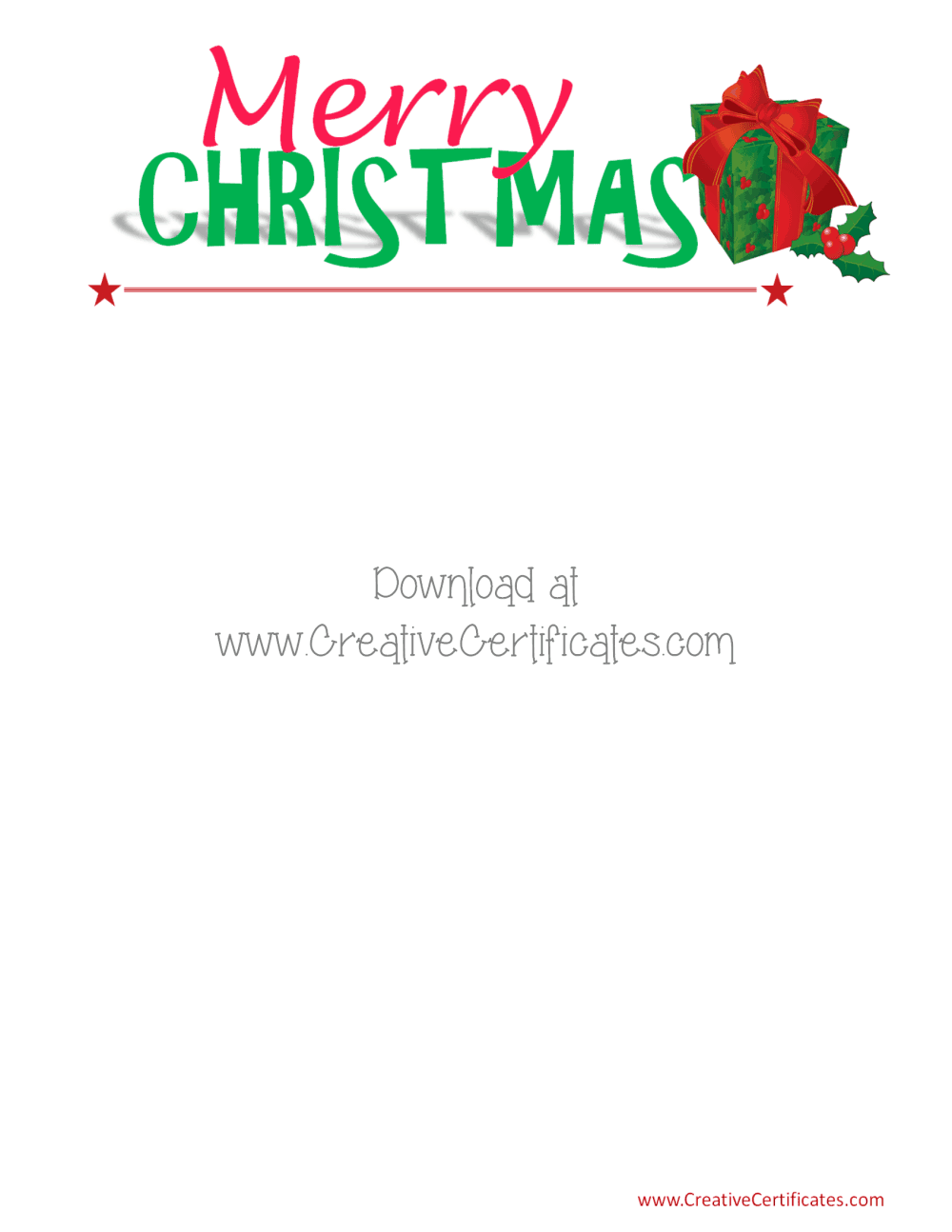 Merry Christmas greeting with green gift box, red bow, holly, and stars on white background.