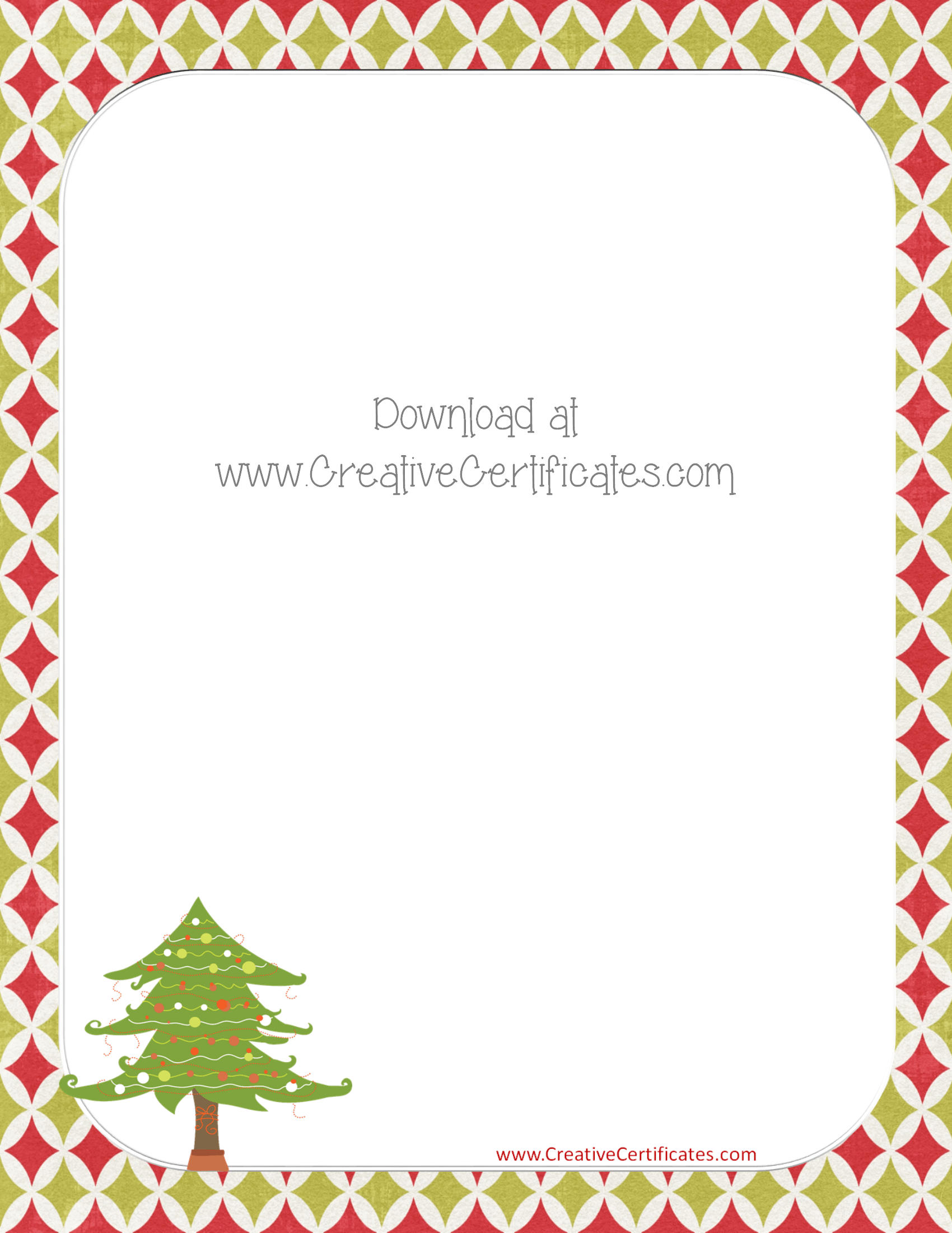 Festive Christmas certificate template with green tree, red-green patterned border, and download link.