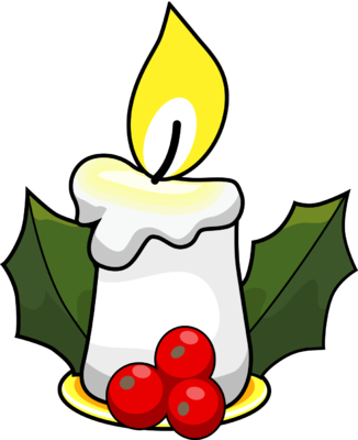 A lit white candle with melting wax, flanked by holly leaves and three red berries on a golden base.