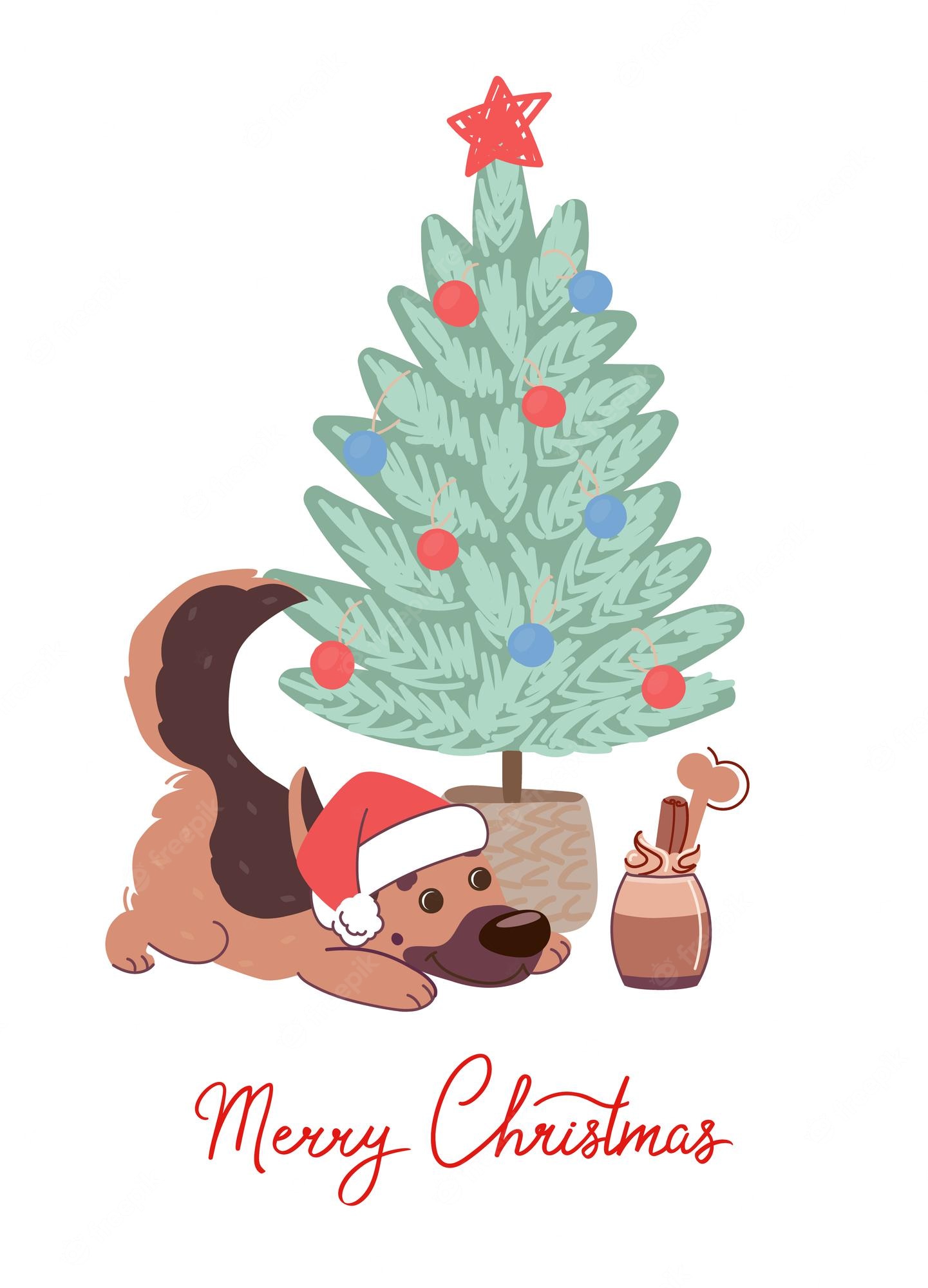 Cute dog wearing Santa hat lying beside decorated Christmas tree with ornaments and a treat jar.