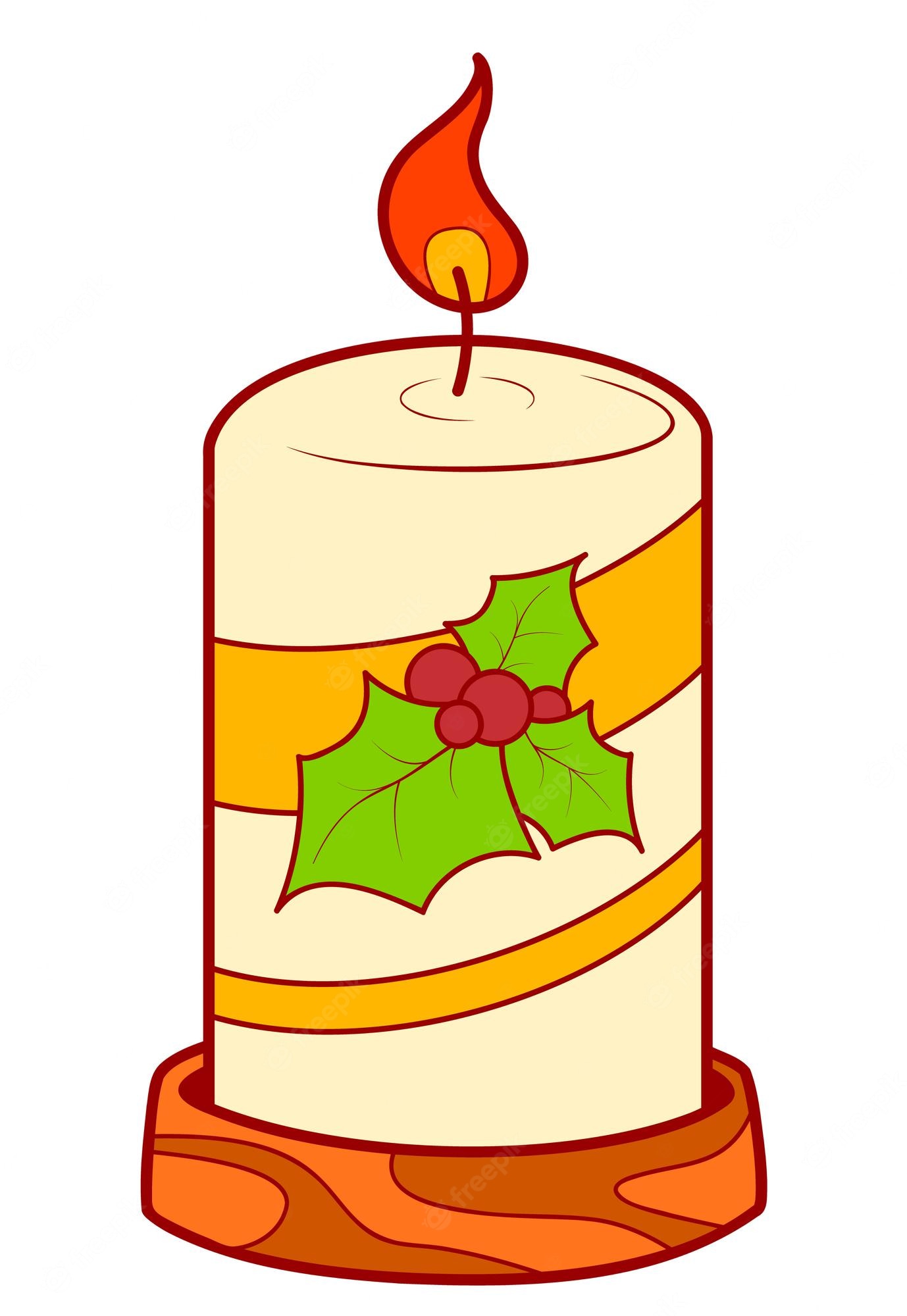 Festive white pillar candle with orange stripes, holly leaves, red berries, and a lit flame on wooden base.
