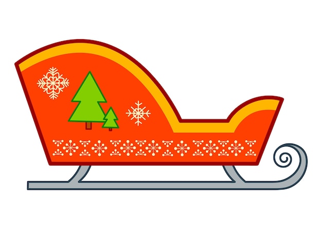Festive red sleigh with green Christmas trees, white snowflakes, and decorative trim on a white background.