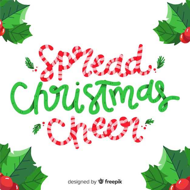Festive "Spread Christmas Cheer" text in candy cane and holly leaf design on white background.