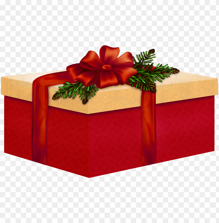 Red gift box with gold lid, red ribbon bow, and green pine sprigs on transparent background.