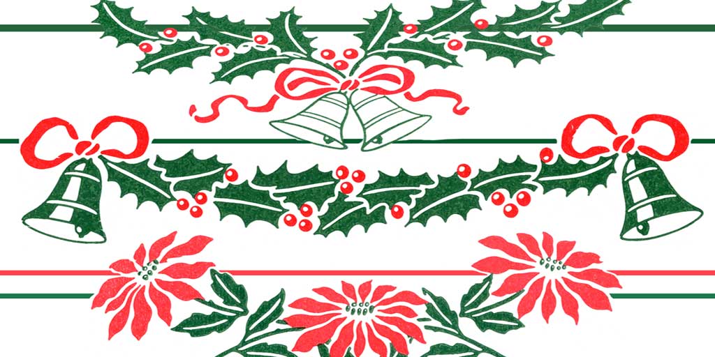 Vintage Christmas border with holly, red bows, bells, and poinsettias in green and red on white background.