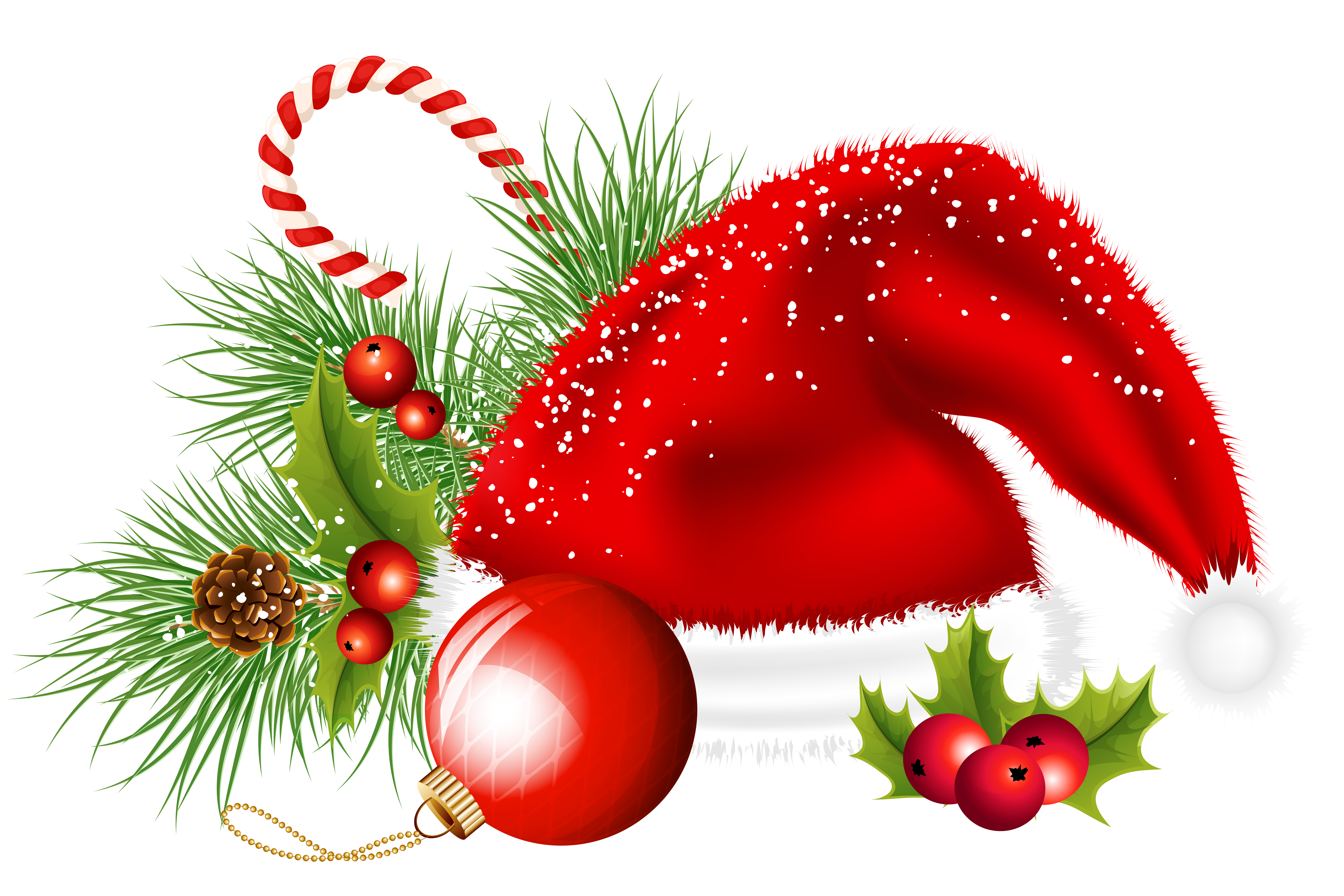 Festive Christmas arrangement with red Santa hat, holly berries, pine needles, candy cane, ornament, and pinecone.