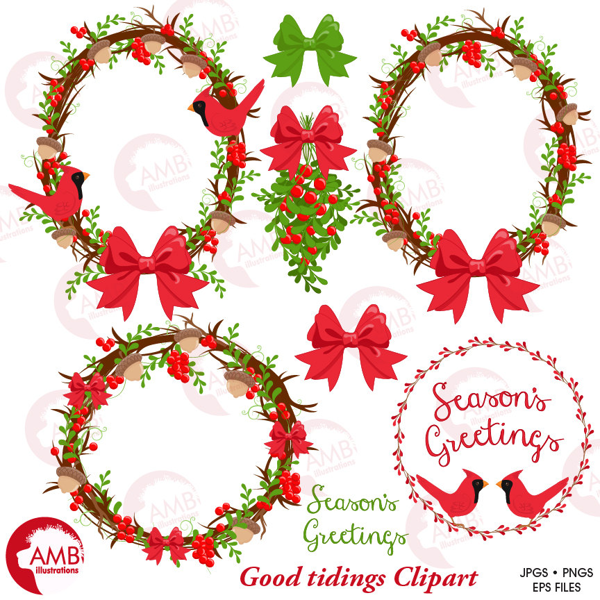 Free Christmas Clipart - Wreaths, Cardinals, Bows & Season’s Greetings Graphics