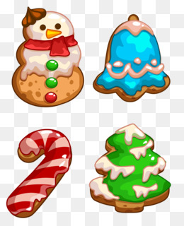 Four festive Christmas-themed cookies: snowman, bell, candy cane, and tree, decorated with icing and sprinkles.