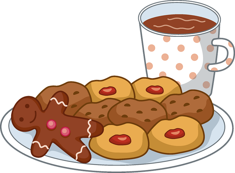 A plate of assorted cookies including a gingerbread man, jam-filled biscuits, chocolate chip cookies, and a polka-dot mug of hot cocoa.