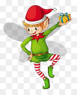 Cheerful Christmas elf in green outfit and red hat, holding a gift box with wings behind.