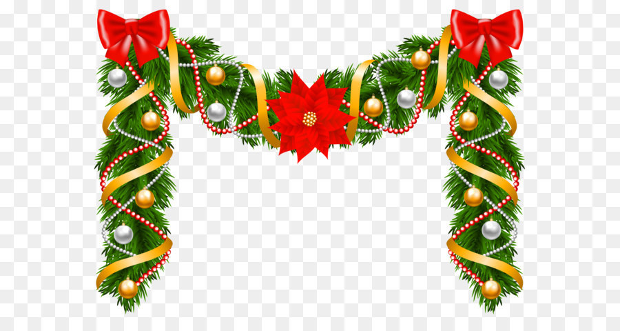 Festive Christmas garland with green pine, red bows, gold ribbons, ornaments, and a central poinsettia flower.