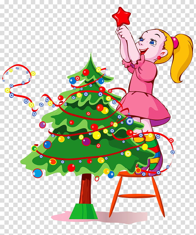 A cheerful girl in a pink dress places a red star on a decorated Christmas tree while standing on a stool.