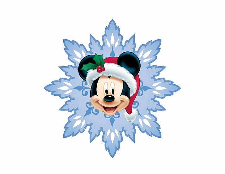 Mickey Mouse in a Santa hat with holly, centered in a blue snowflake design.