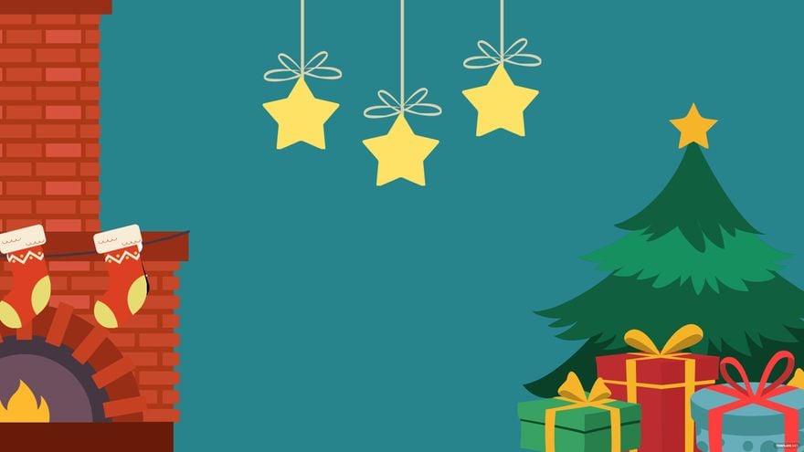Festive Christmas scene with fireplace, hanging stars, tree, and gift boxes.