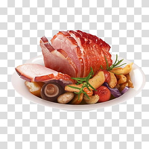 Glazed ham with roasted vegetables and herbs on a white plate, presented on transparent background.