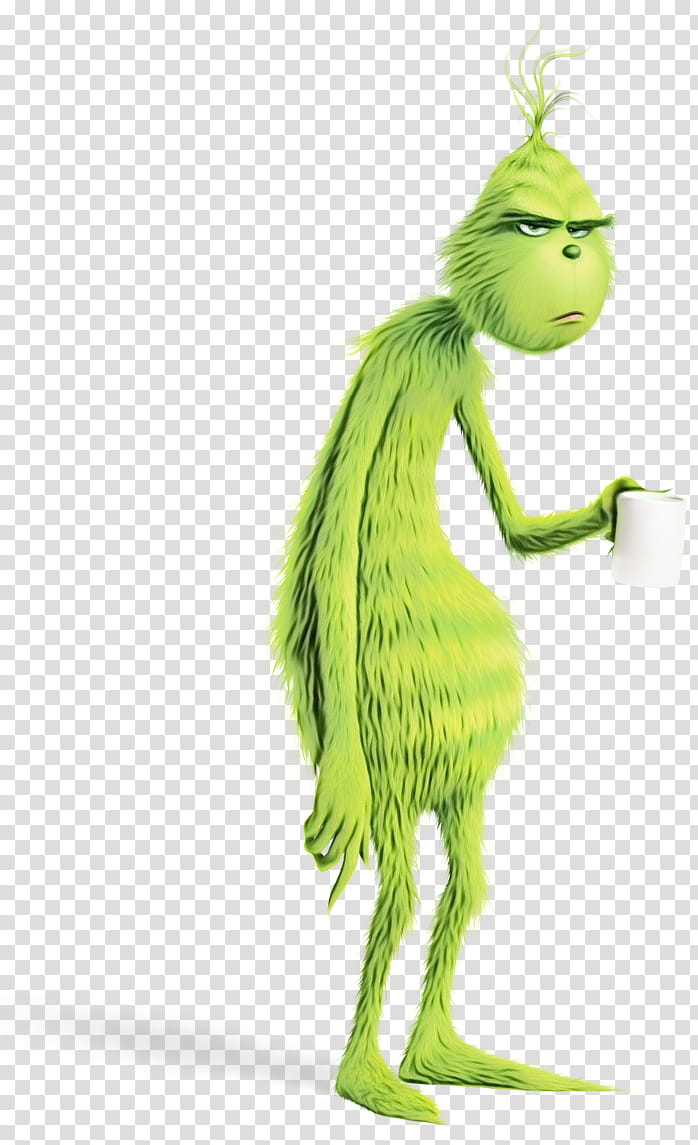 The Grinch, a green furry creature with a grumpy expression, holding a white mug.