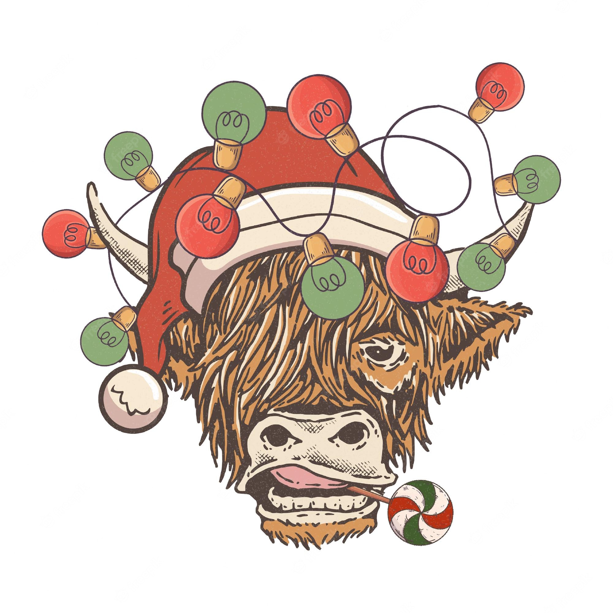 Festive Highland Cow Illustration - Holiday Animal Art