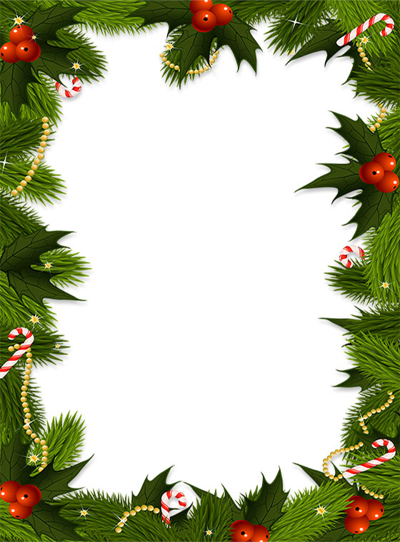 Festive Christmas border with pine branches, holly, red berries, candy canes, and gold beads on white background.