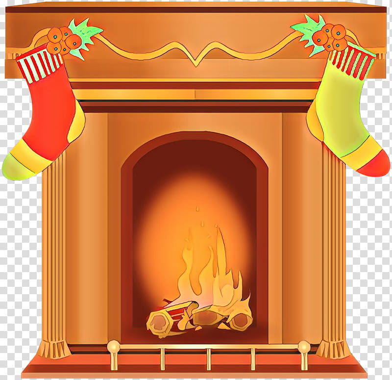 Festive fireplace with glowing fire, two colorful Christmas stockings, and holly garland on mantel.