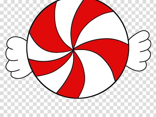 Red and white swirled peppermint candy with cartoon wings on a transparent background.