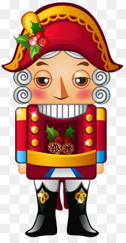 Festive cartoon nutcracker soldier in red uniform with holly and pinecones, smiling cheerfully.