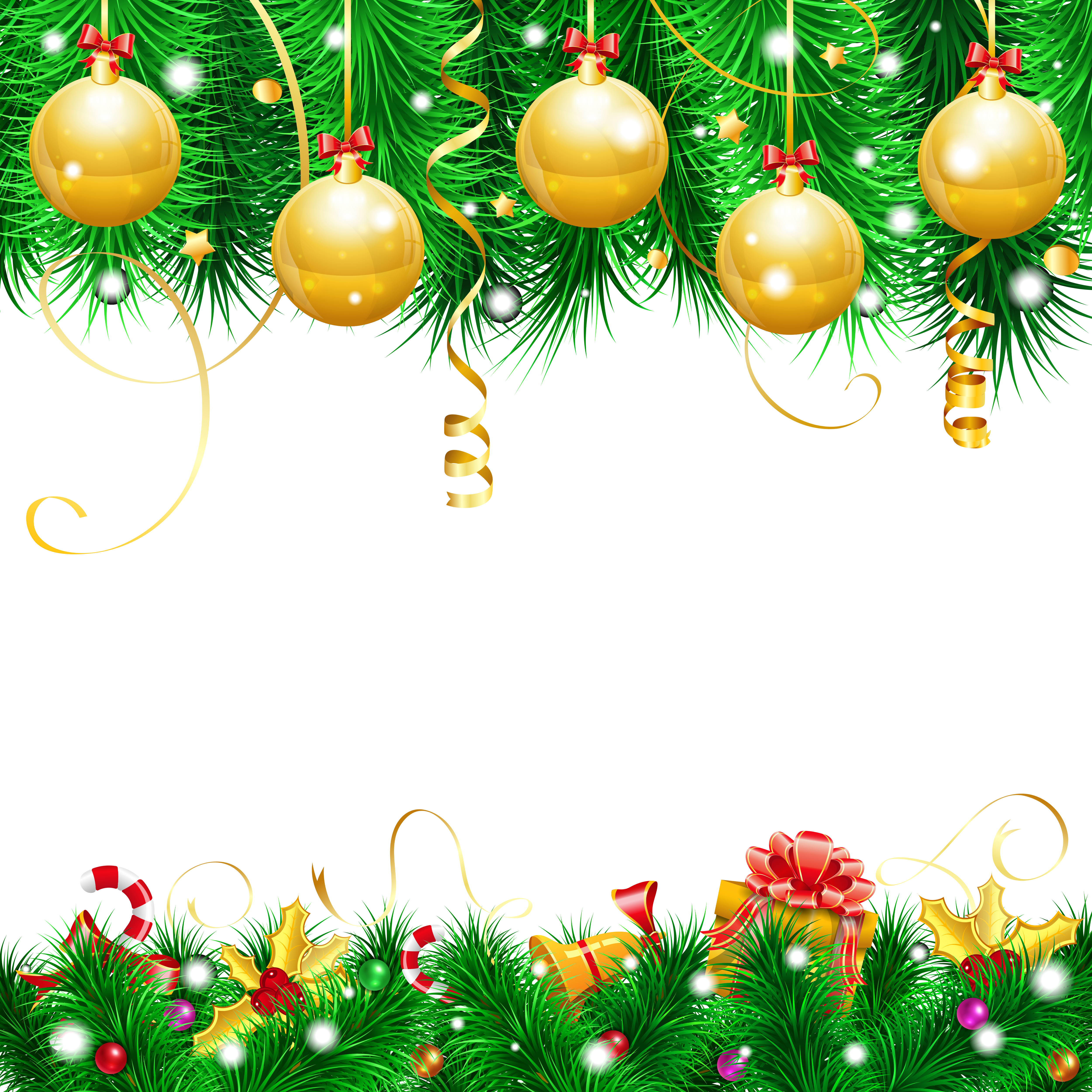Festive Christmas border with golden ornaments, ribbons, holly, candy canes, and gifts on green pine branches.