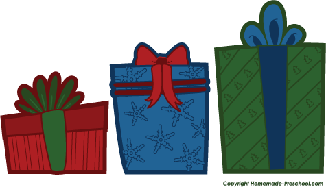 Three colorful cartoon gift boxes with bows-red, blue, and green-decorated with festive patterns.