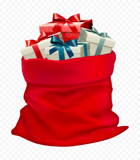 A red Santa sack overflowing with wrapped gifts tied with colorful ribbons.