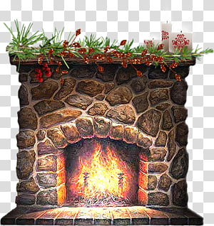 Cozy stone fireplace with roaring fire, decorated mantel with greenery and red berries, festive holiday ambiance.