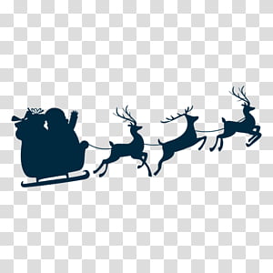 Santa Claus in sleigh pulled by four reindeer, silhouette style on transparent background.