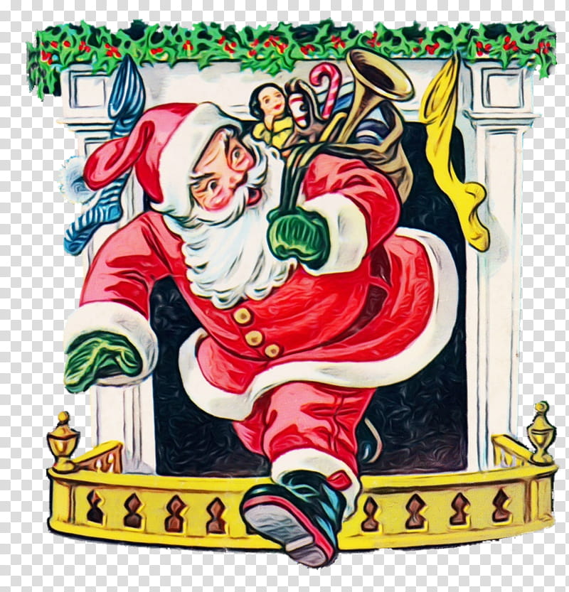Santa Claus climbs out of a decorated fireplace carrying toys and candy canes, with holly garland above.