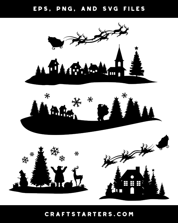 Black-and-white Christmas silhouette illustrations: Santa’s sleigh, village scenes, snowflakes, trees, and festive figures.