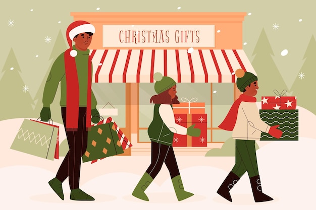 Three diverse people walking in snow carrying Christmas gifts past a "Christmas Gifts" storefront with striped awning.